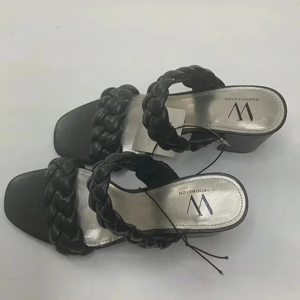 Worthington Braided Strap Mules Sandals Black Chunky Heel Women’s Sz 6.5 NWT